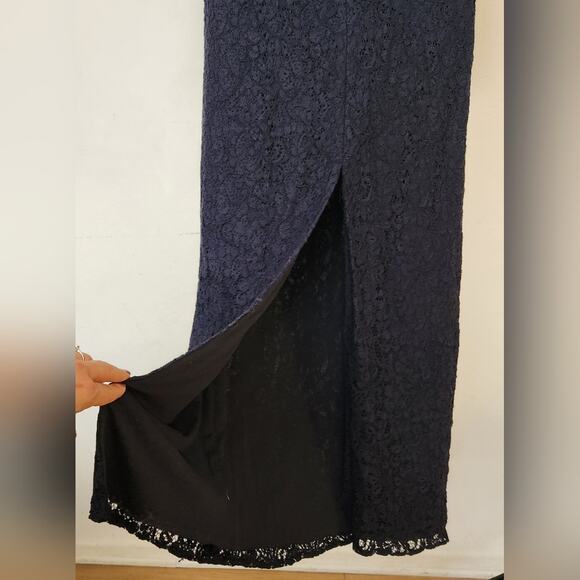 ADRIANNA PAPELL Navy Blue Floral Lace 3/4 Sleeve Evening Gown Maxi Dress Size 4 - Picture 10 of 13